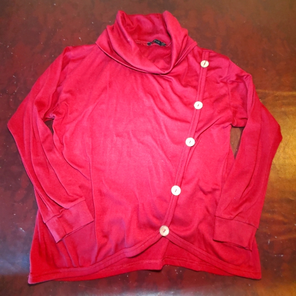 M turtleneck faux wrap sweater with button accents